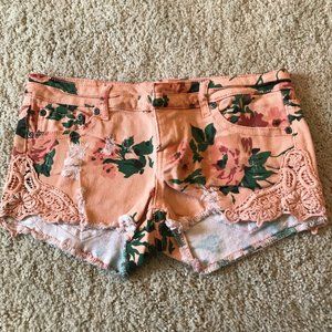 BONGO Floral and Orange Shorts with Lace Detail